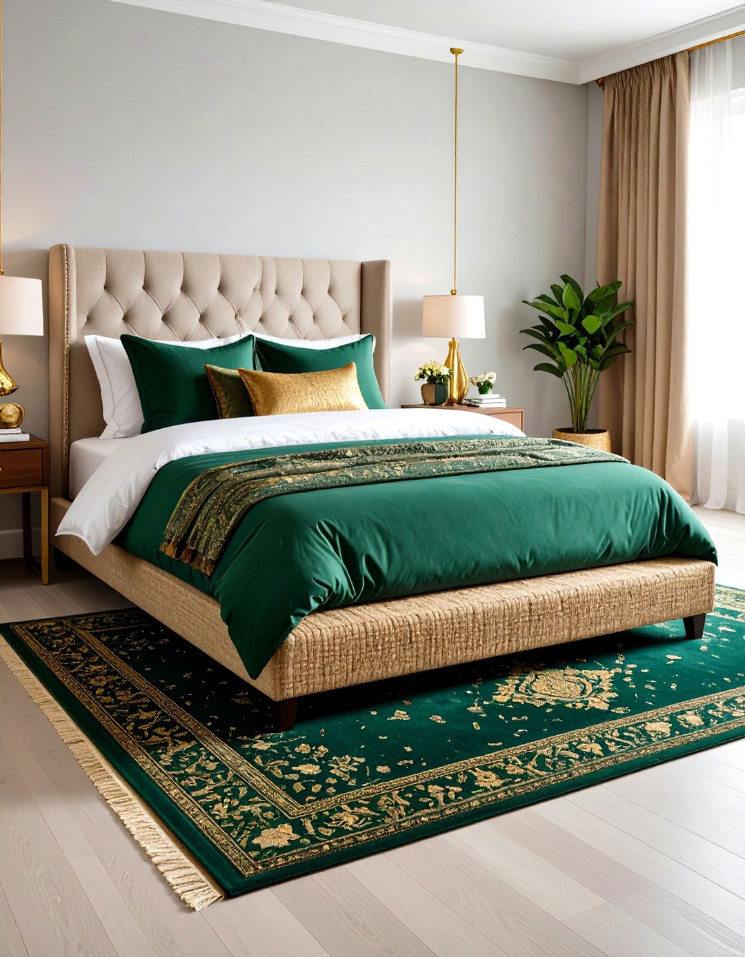 Layered Rugs in Emerald Patterns with Gold Motifs - 20 Emerald Green and Gold Bedroom Ideas