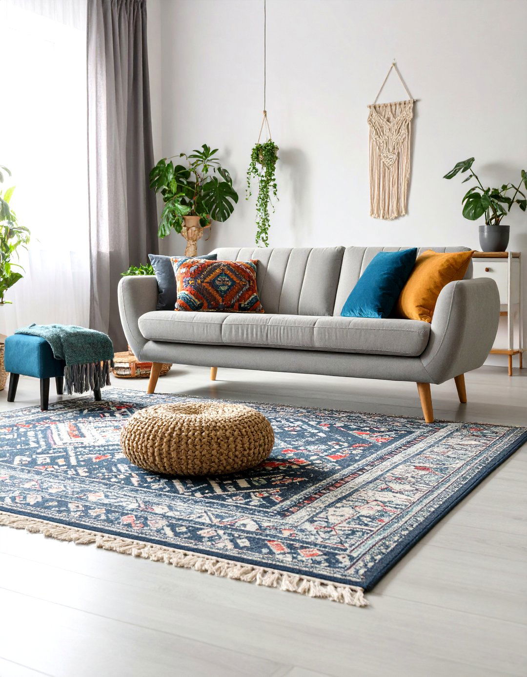 Layered Rugs over Grey Carpet for Extra Texture - 20 grey carpet living room ideas