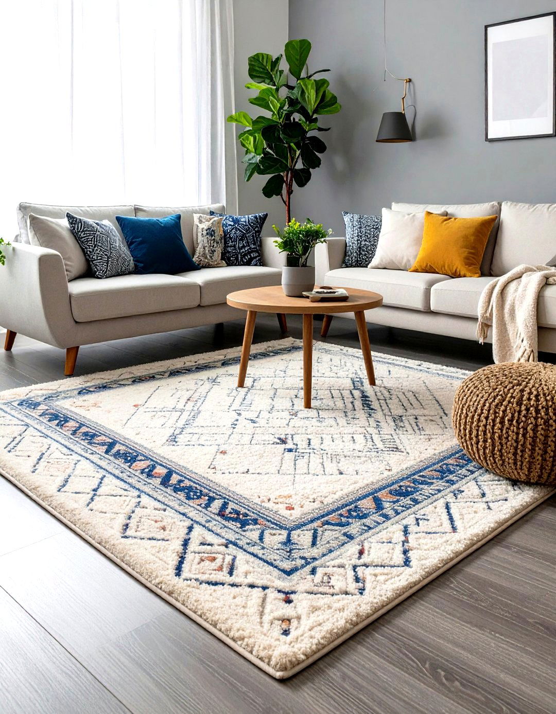 Layered Rugs to Define and Brighten - 20 Grey Living Room With Dark Wood Floors