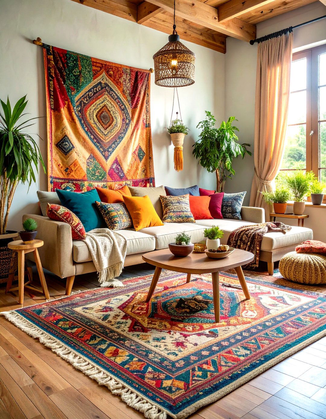 Layered Textile Boho Living Room Comfort Zone - 20 Colorful Boho Living Room Ideas