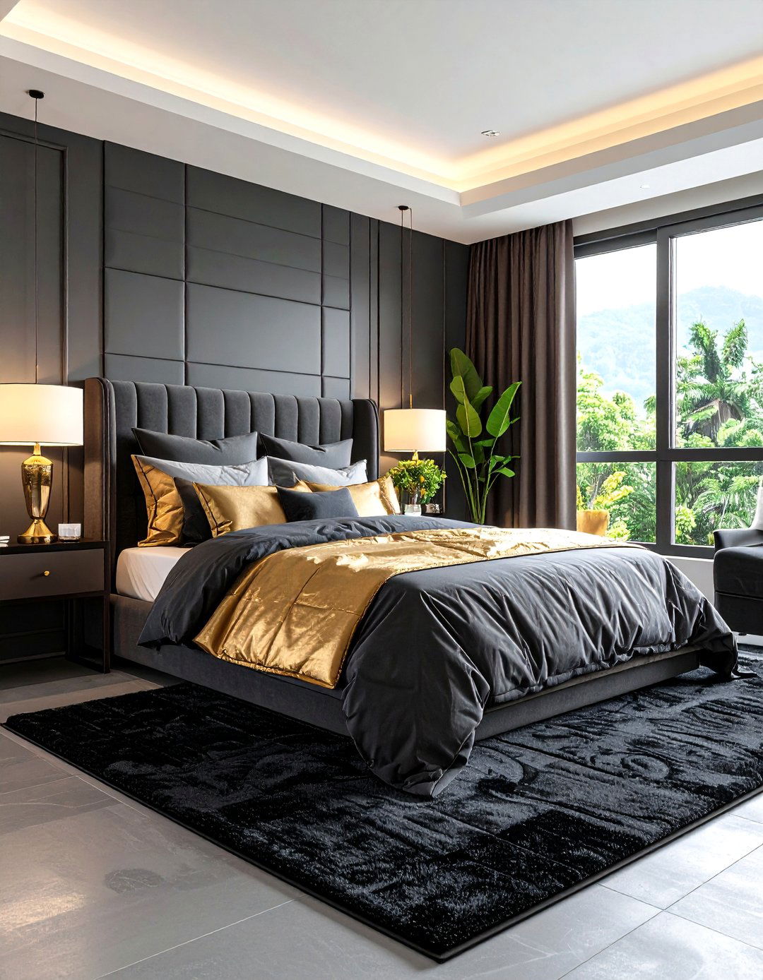 Layered Textiles Black Base Gold Highlights - 20 Black and Gold Bedroom Ideas