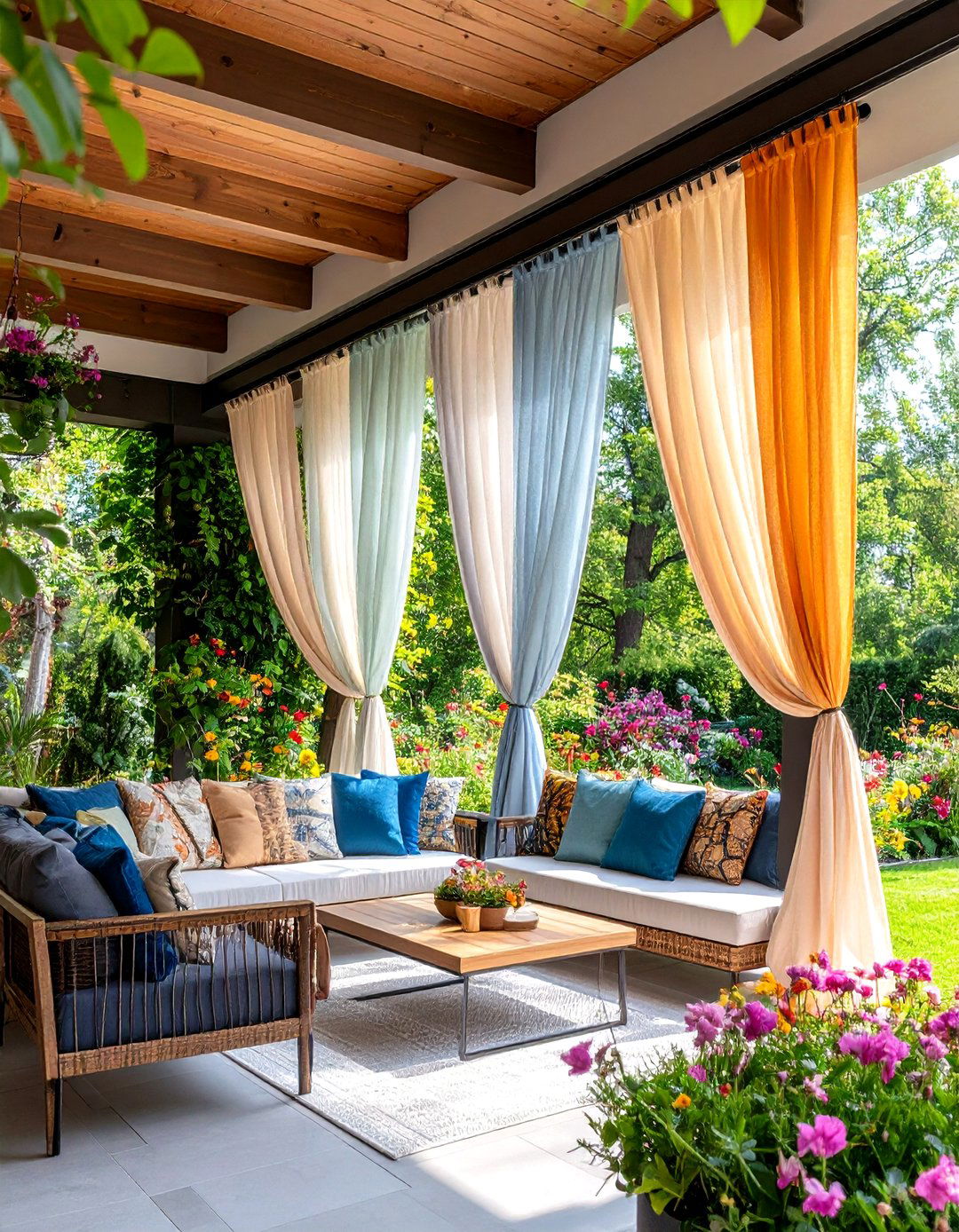 Layered Texture Patio Curtain System - 20 Patio Curtain Ideas