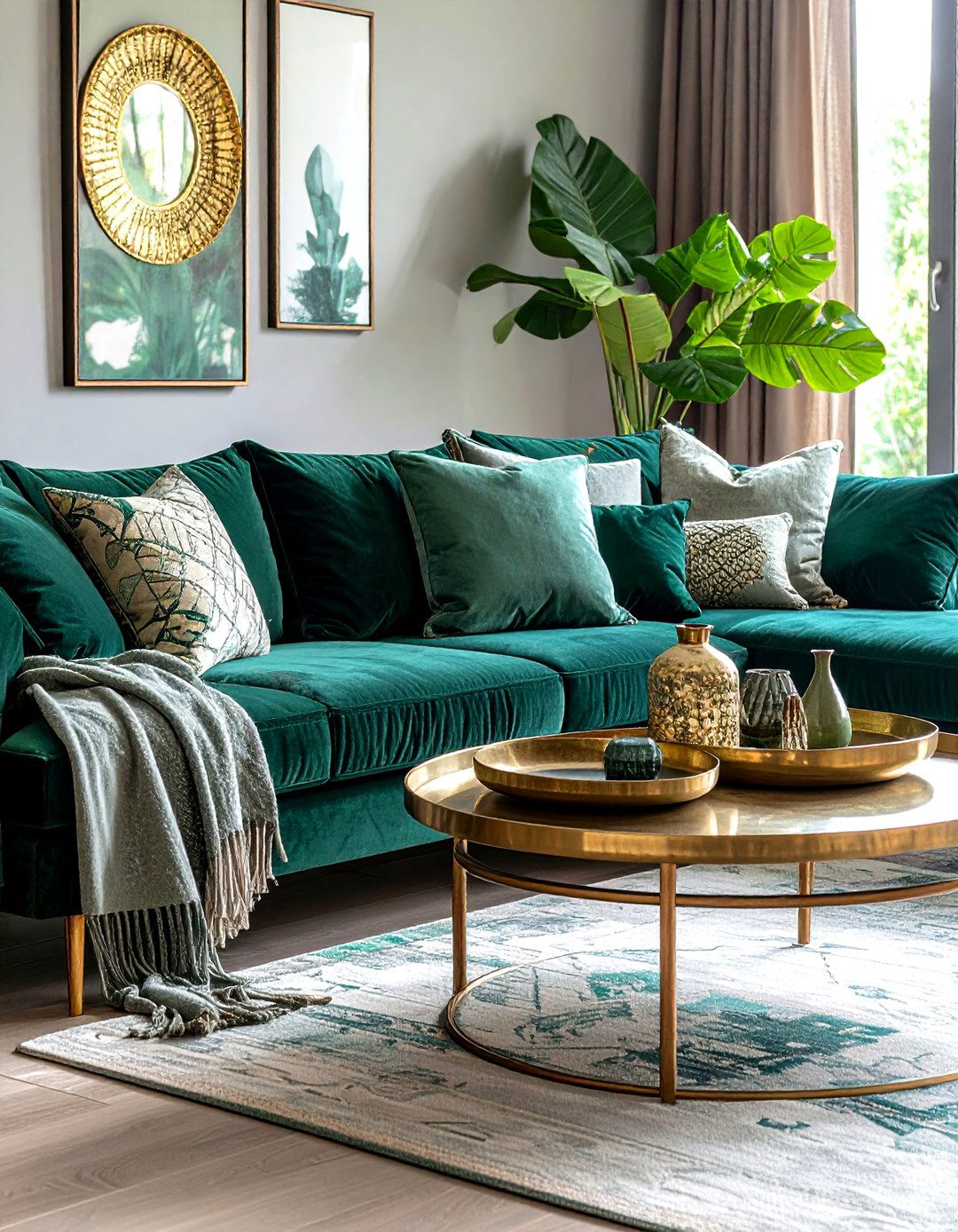 Layered Textures Velvet Silk Brass - 20 Emerald Green and Gold Living Room Ideas