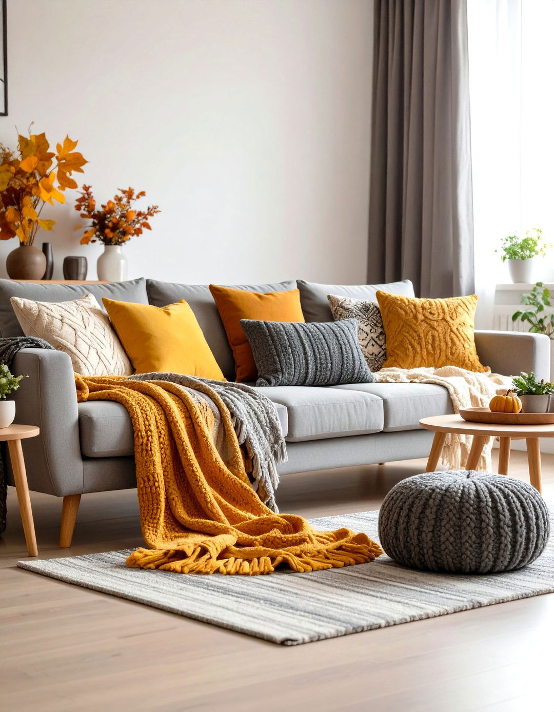 Layered Throws and Cushions for Tactile Comfort in a Grey and Yellow Living Room - 20 Grey and Yellow Living Room Ideas