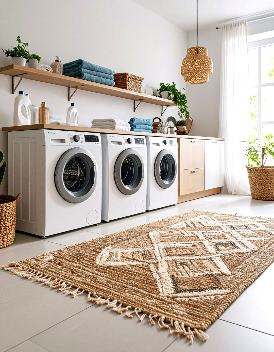 Layered Vintage Rugs Cushion Tired Feet - 20 Boho Laundry Room Ideas