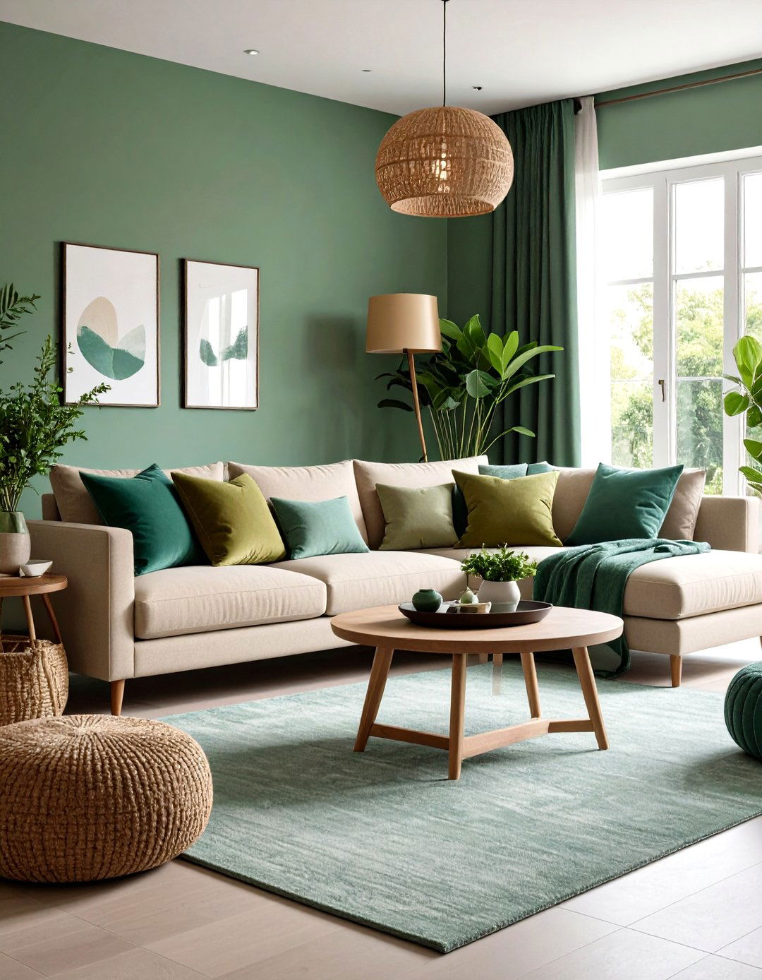 Layering Multiple Green Shades Creates Depth in a Living Room - 20 Green Living Room Ideas