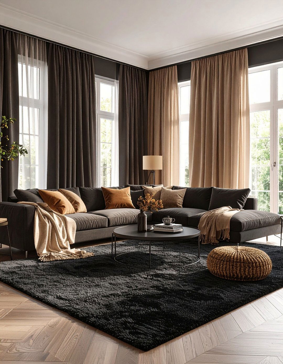 Layering Soft Charcoal Textiles in a Black Living Room - 20 Black Living Room Ideas