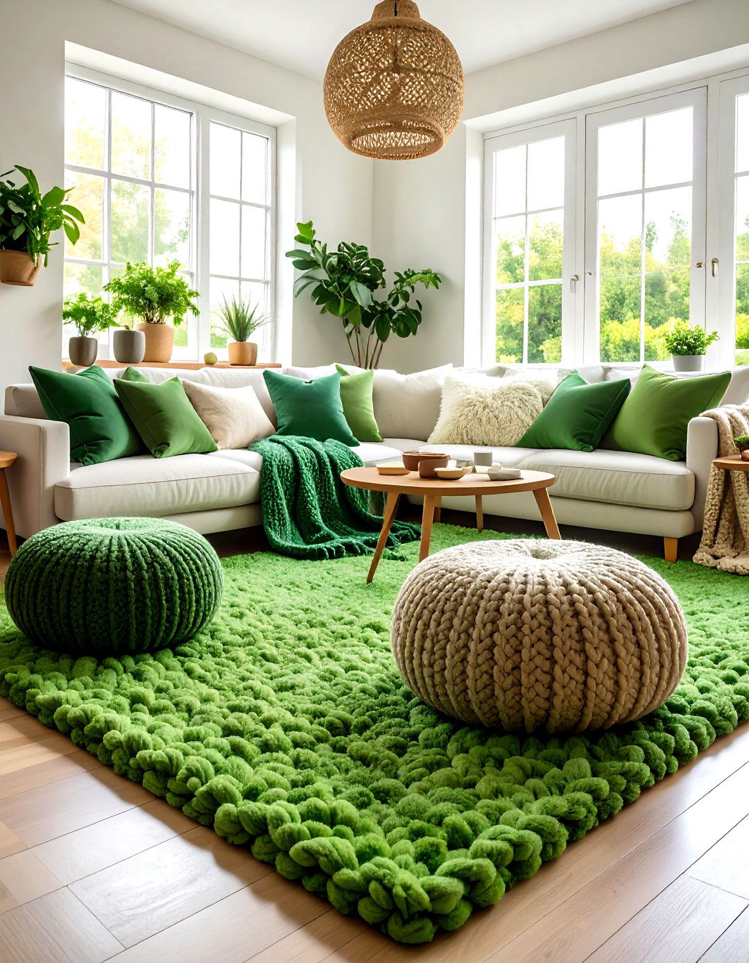 Layering Textures over Sage Green Carpets - 20 Green Carpet Living Room Ideas