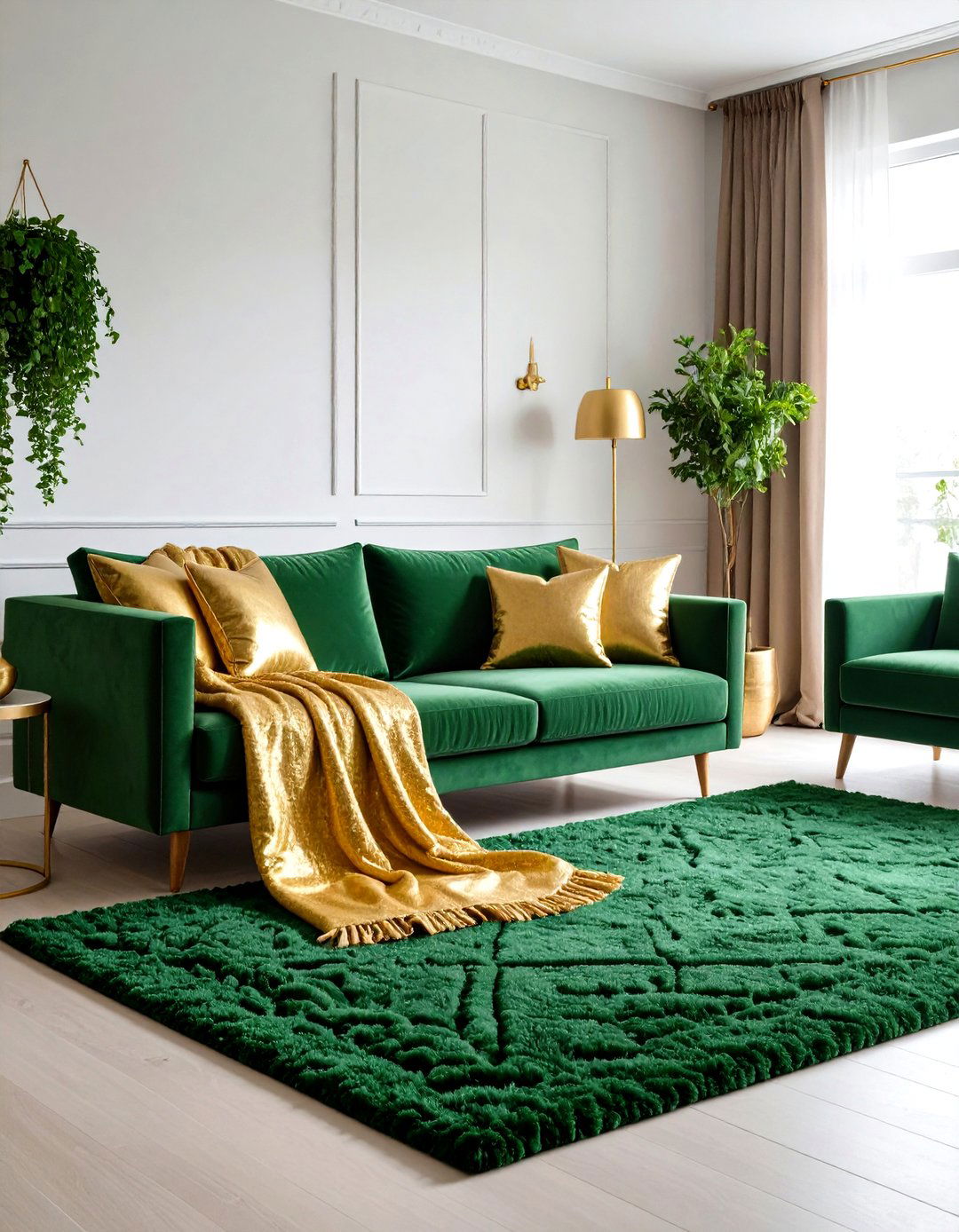Layering Textures with a Green Wool Rug and Gold Metallic Throws - 20 Green and Gold Living Room Ideas
