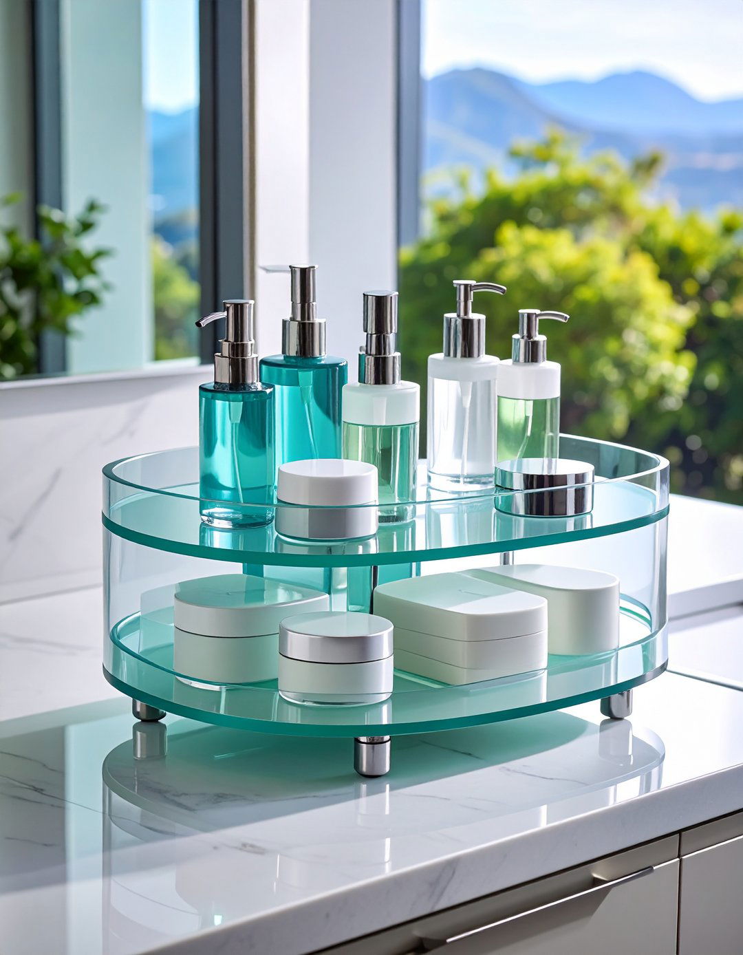 Lazy Susans Grant Degree Access on the Bathroom Counter - 20 Bathroom Counter Organization Ideas