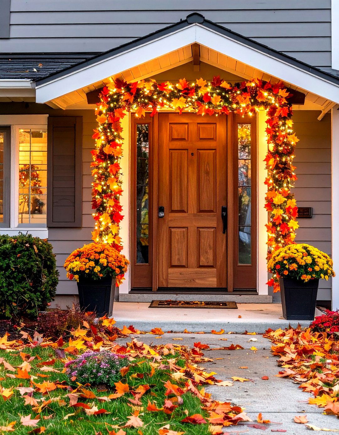 Leafy Fairy Light Garland Around Doorframe - 20 Front Door Fall Decor Ideas