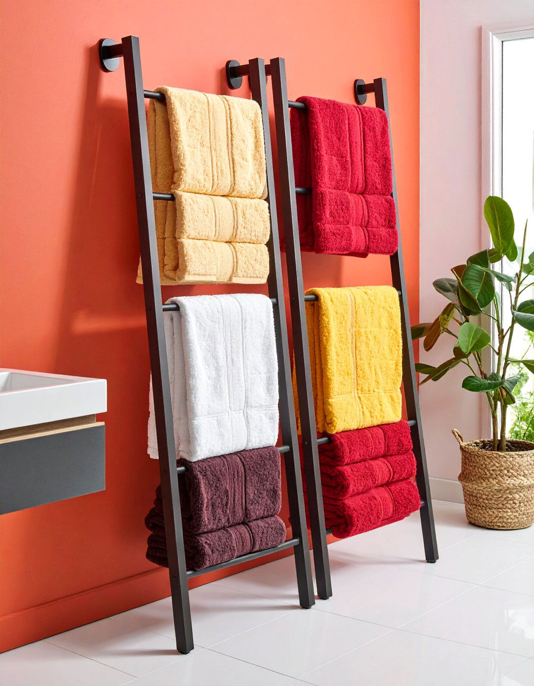 Leaning Ladder Rack Organizes Half Bathroom Linens - 20 Half Bathroom Ideas