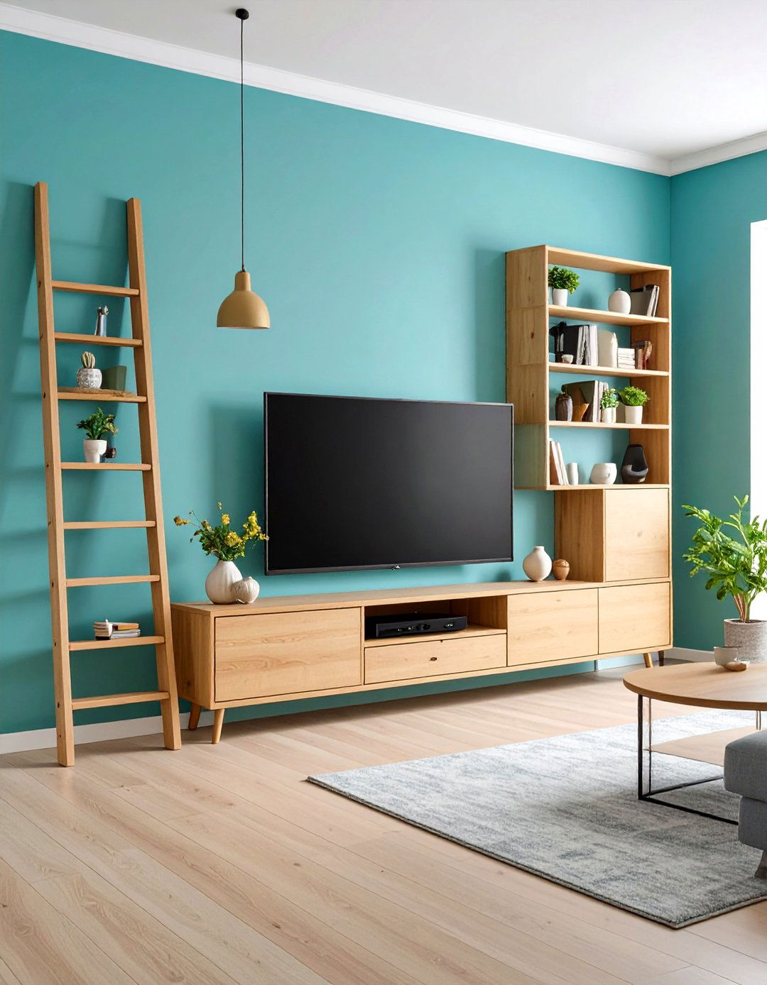 Leaning Ladder Shelf and TV Combo - 20 Small Living Room Ideas With Tv