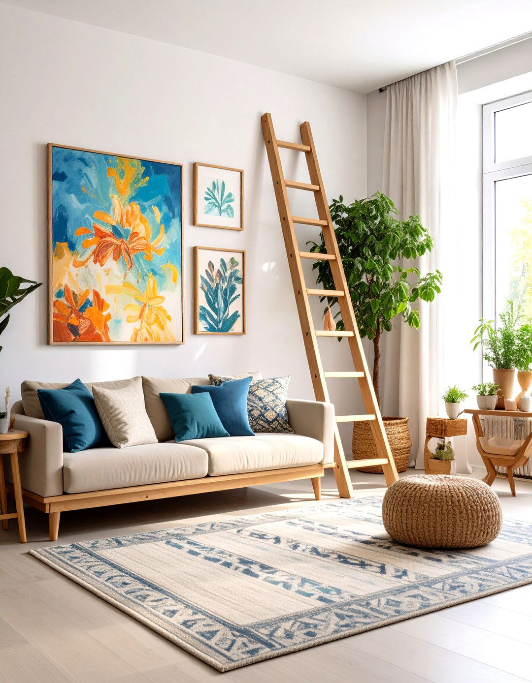 Leaning Ladder and Art Wall Decor Layer - 20 High Ceiling Tall Wall Decor Ideas