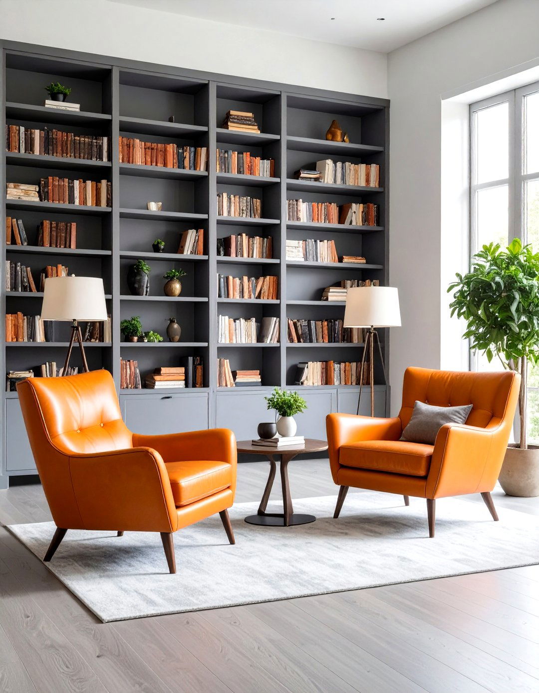 Library Style Orange and Grey Living Room with Built in Storage - 20 Orange and Grey Living Room Ideas