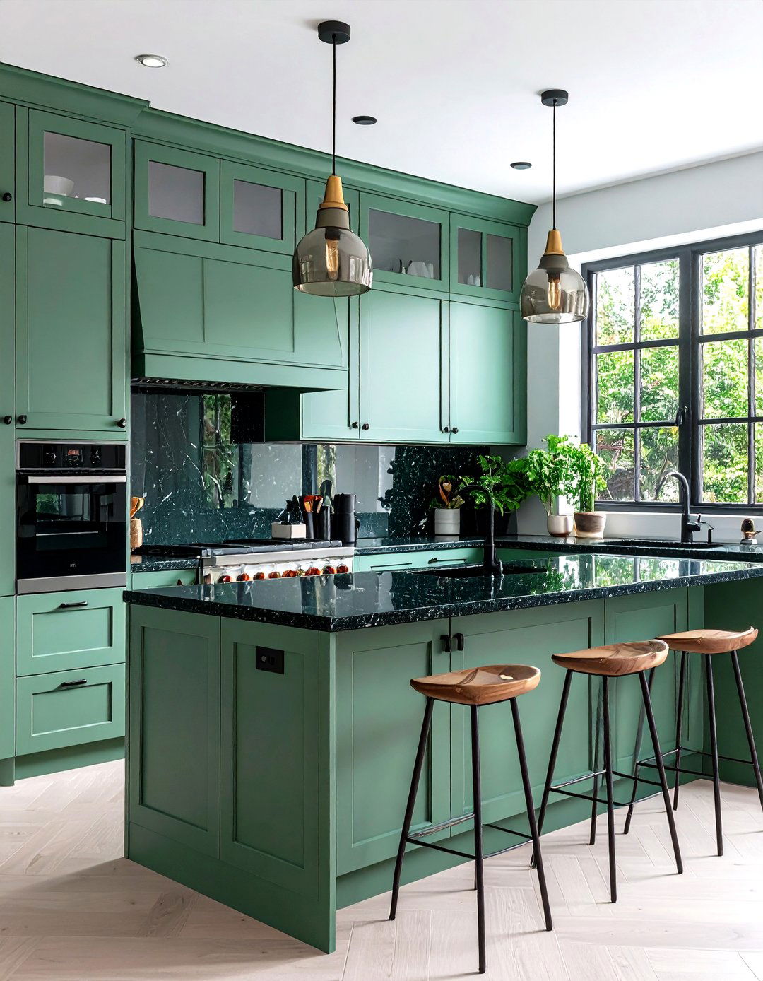 Lichen Cabinets and Recycled Glass Counters - 20 Green Kitchen Cabinets With Black Countertops