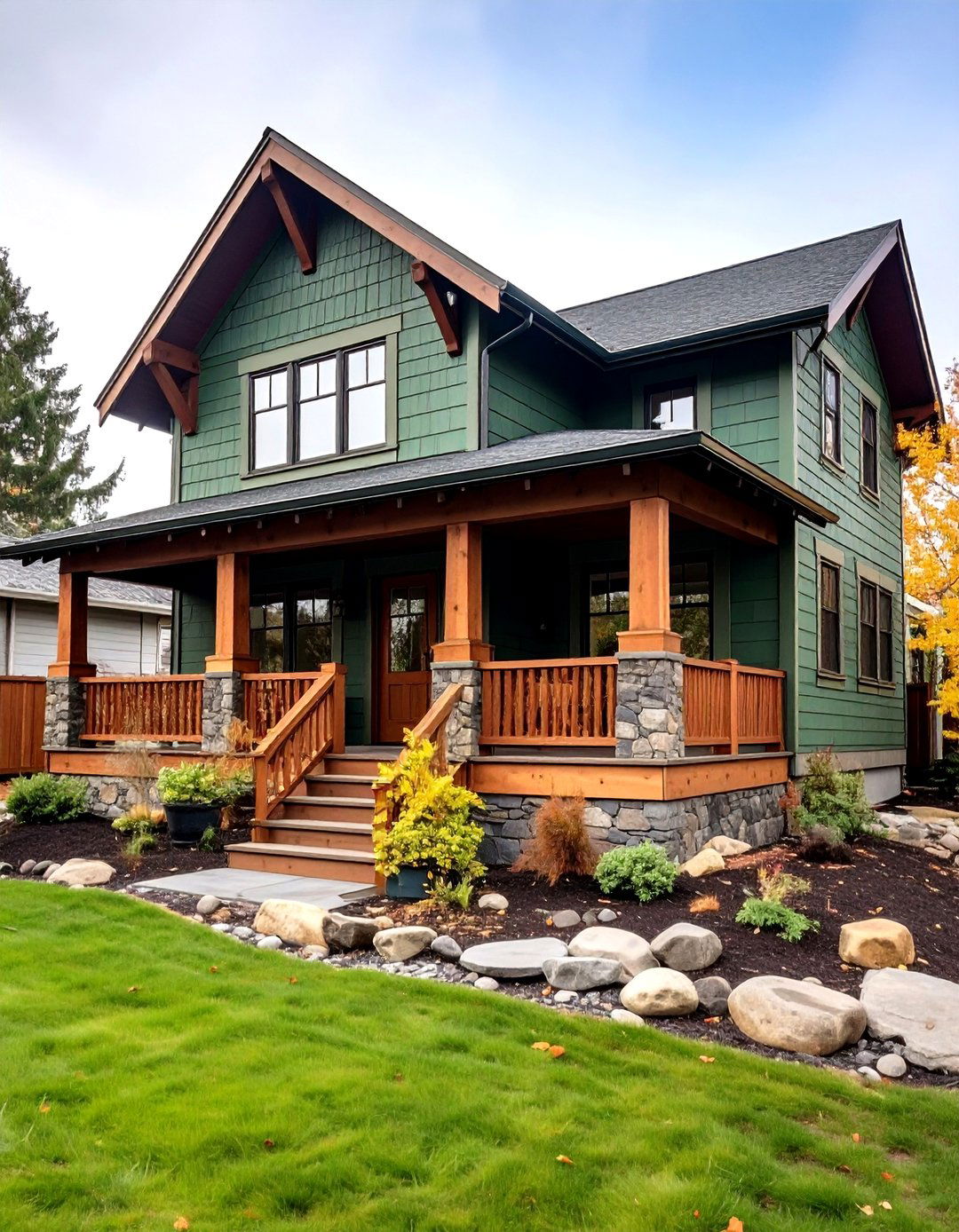 Lichen Paired with River Rock Skirting - 20 Dark Green Exterior Paint Color Schemes
