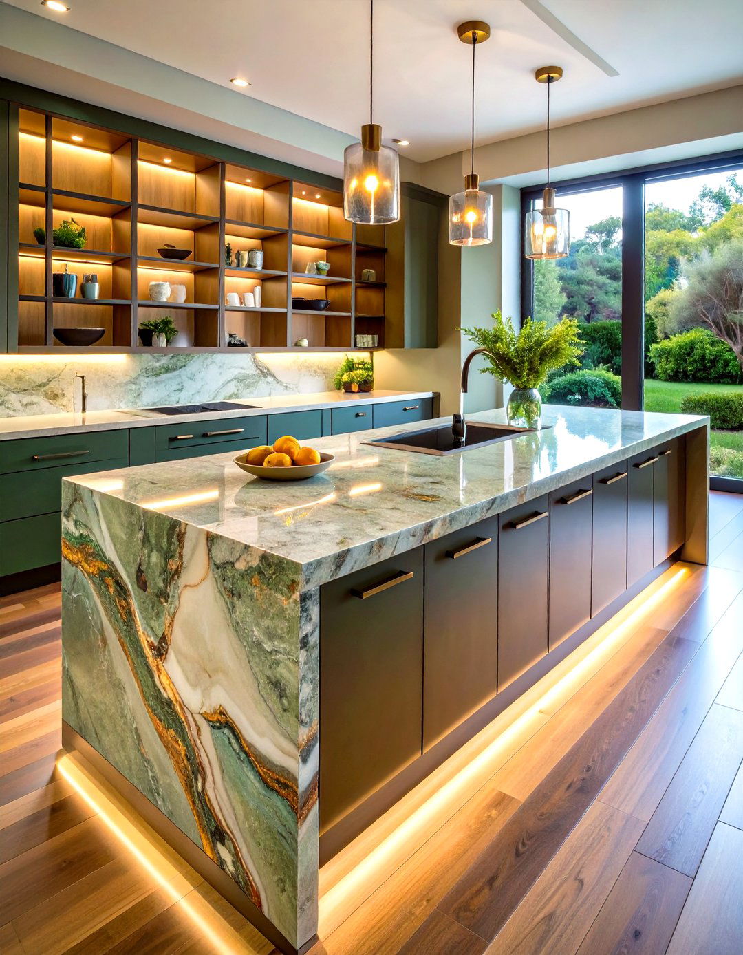 Lichen Quartzite with Book Matched Splash - 20 Kitchen With Green Countertops Ideas