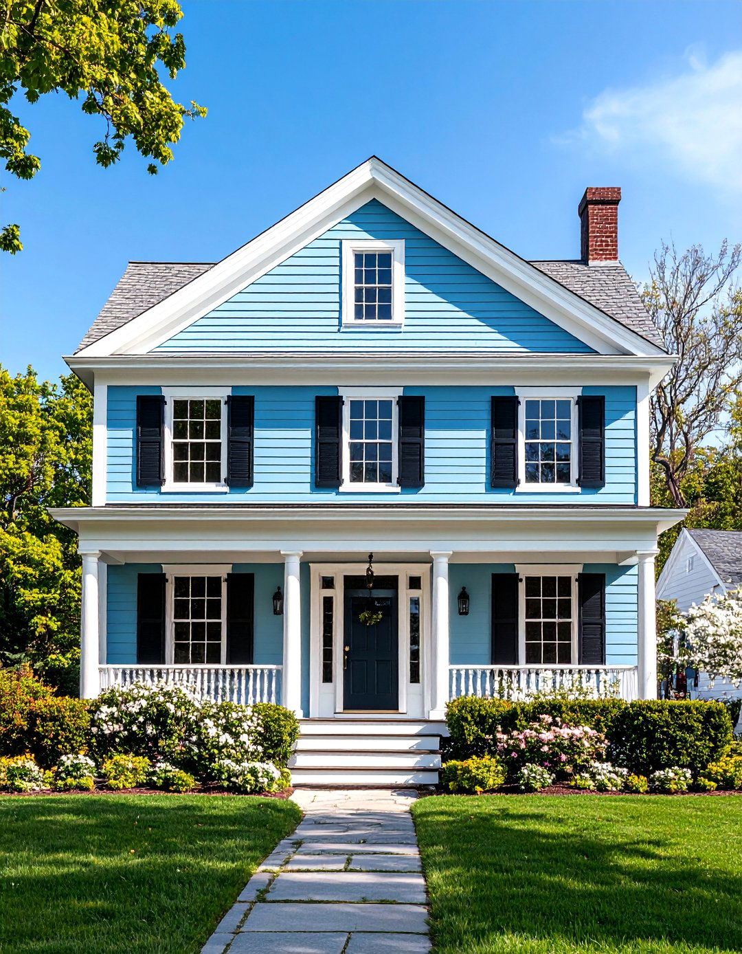 Light Blue Colonial House Exterior with Symmetrical Design - 20 light blue house exterior ideas