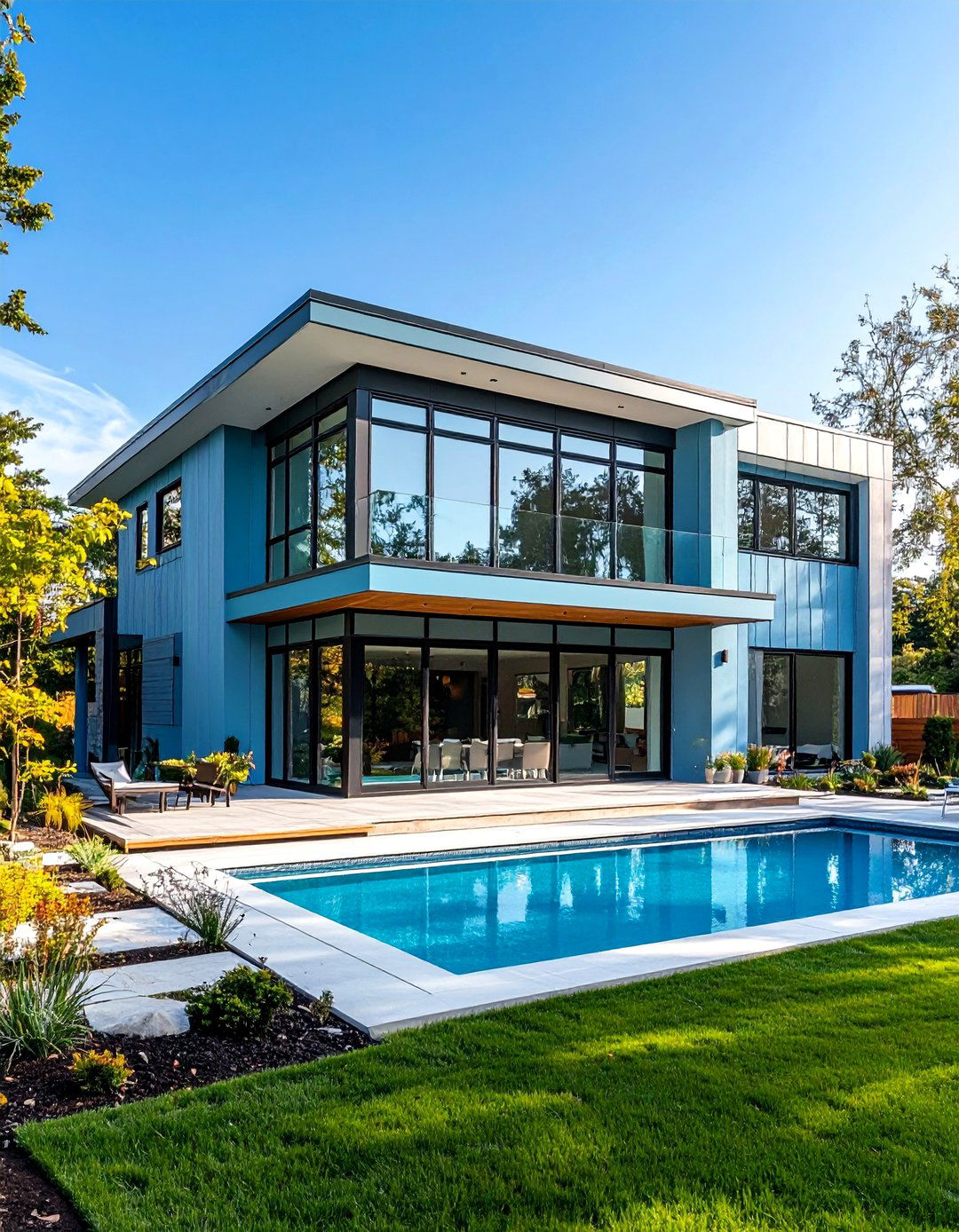 Light Blue Contemporary House Exterior with Glass Elements - 20 light blue house exterior ideas