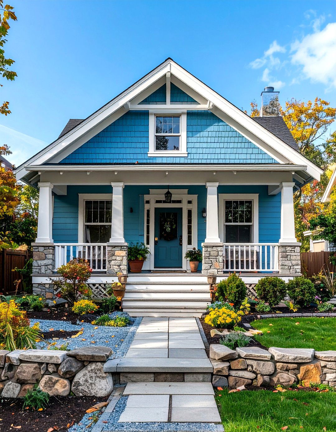 Light Blue Craftsman Bungalow Exterior with Natural Stone - 20 light blue house exterior ideas