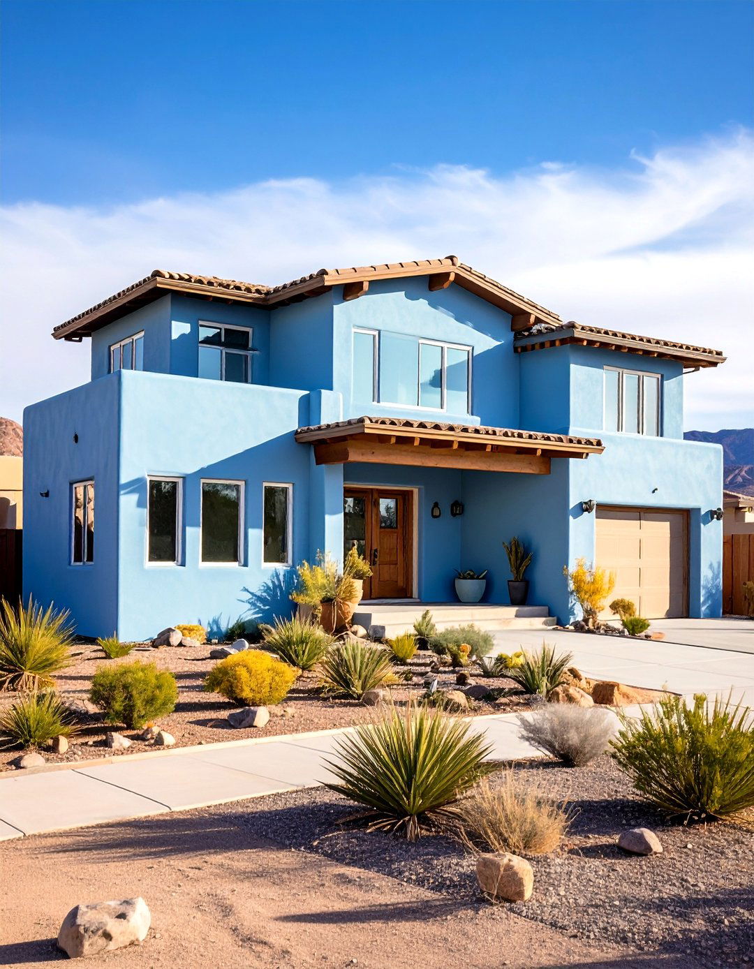 Light Blue Desert House Exterior with Adobe Styling - 20 light blue house exterior ideas