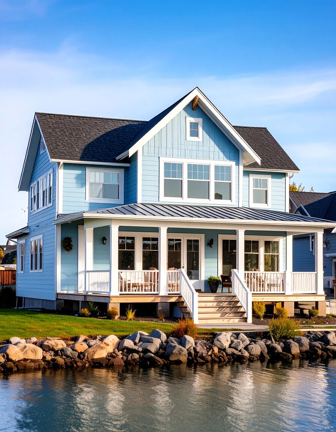 Light Blue Lakefront House Exterior with Boat House - 20 light blue house exterior ideas