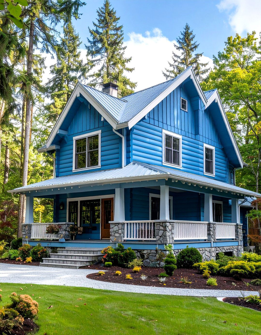 Light Blue Log House Exterior with Chinking Details - 20 light blue house exterior ideas