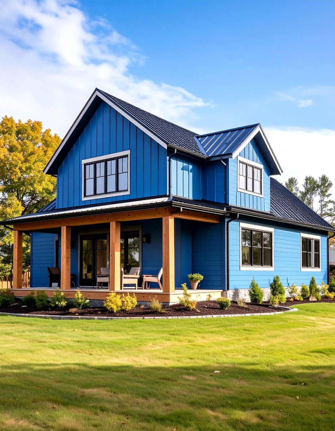 Light Blue Modern Farmhouse Exterior with Black Window Frames - 20 light blue house exterior ideas