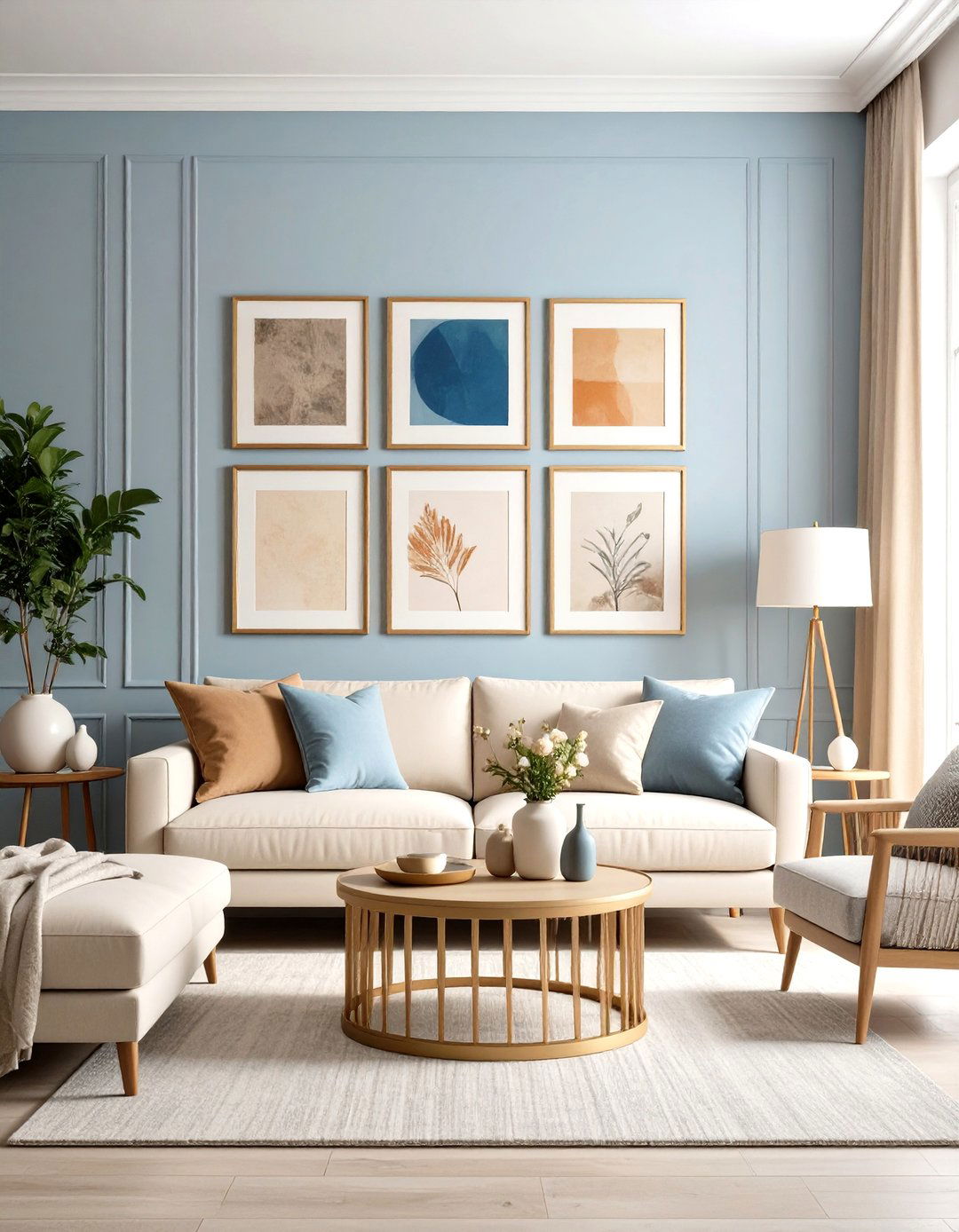 Light Blue and Beige Living Room with Gallery Wall - 20 blue and beige living room ideas