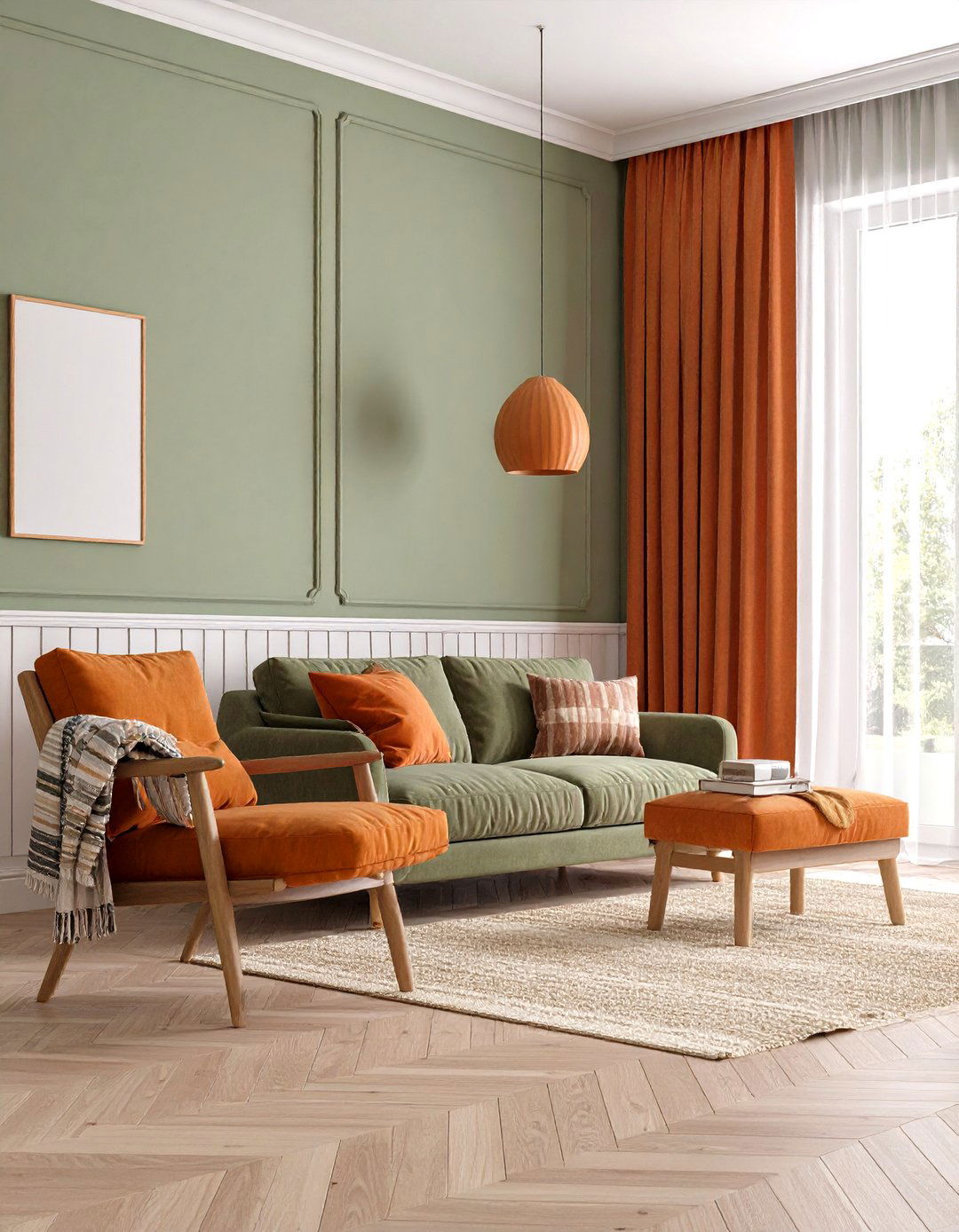 Light Filled Scandinavian Green and Orange Living Room with Natural Fiber Rugs - 20 Green and Orange Living Room Ideas