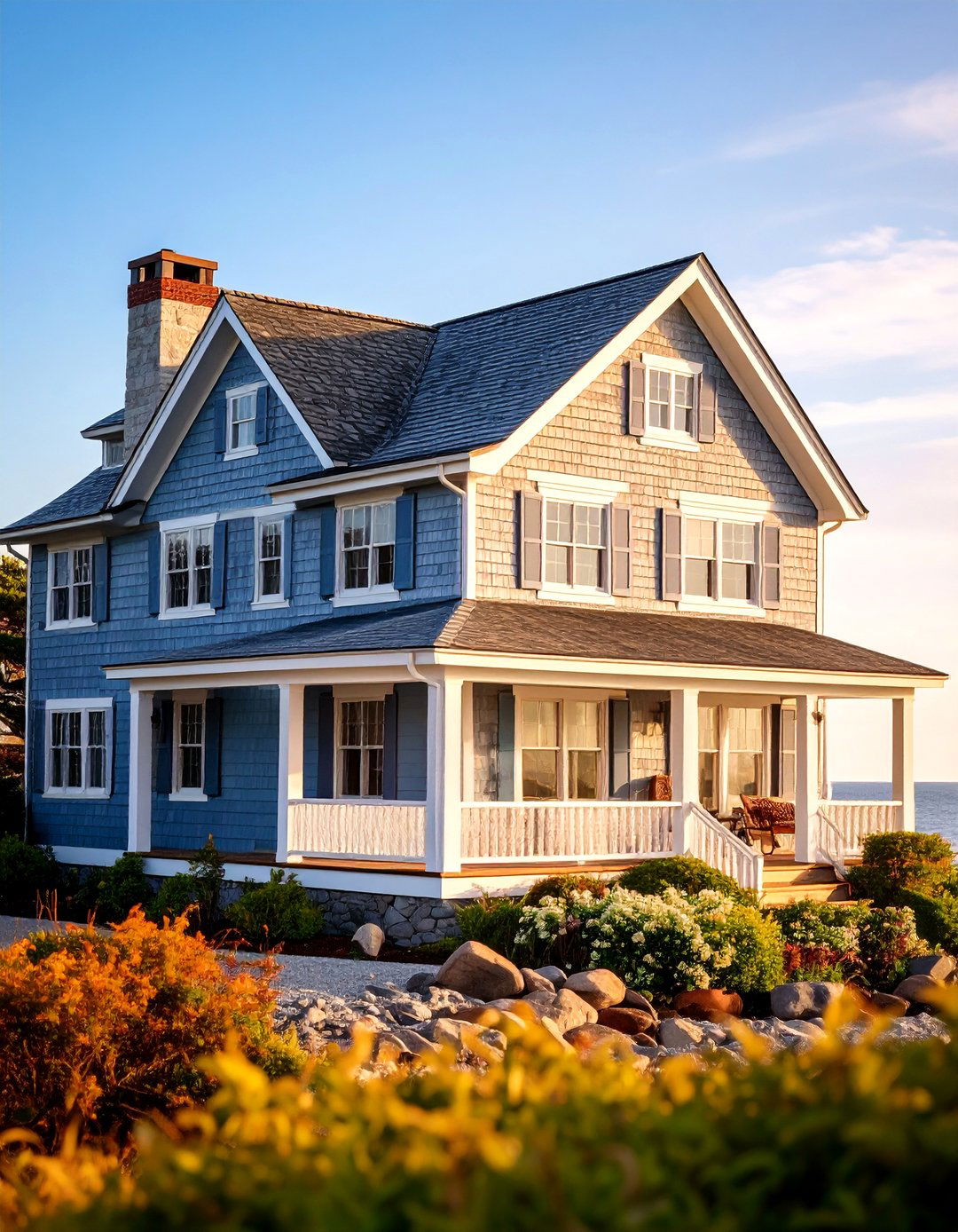 Light Grey House Coastal Shingle Style with Natural Textures - 20 Light Grey House With White Trim Design Ideas