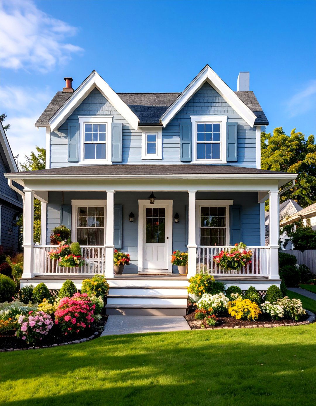 Light Grey House Cottage Style with Decorative Shutters - 20 Light Grey House With White Trim Design Ideas