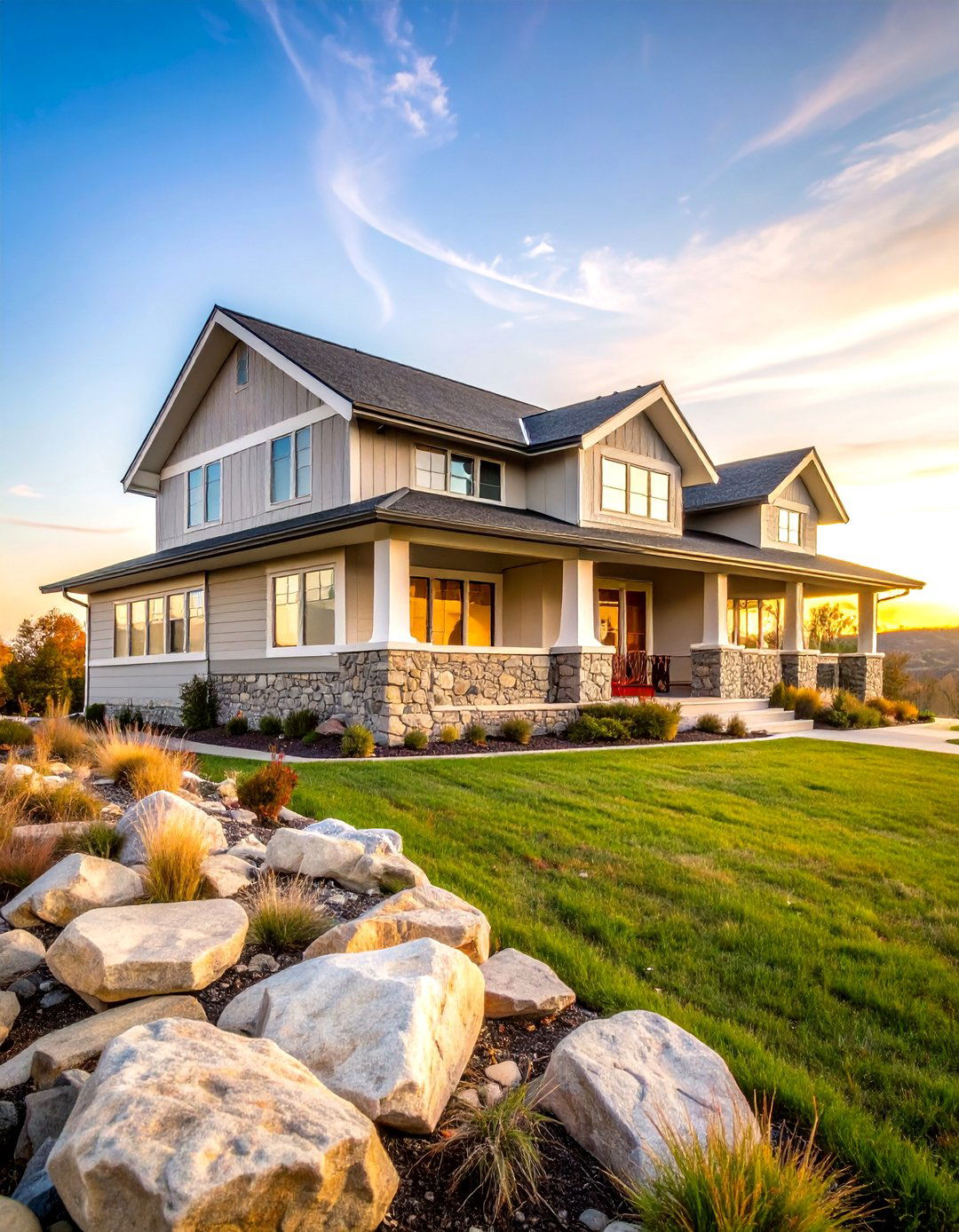 Light Grey House Prairie Style with Horizontal Emphasis - 20 Light Grey House With White Trim Design Ideas