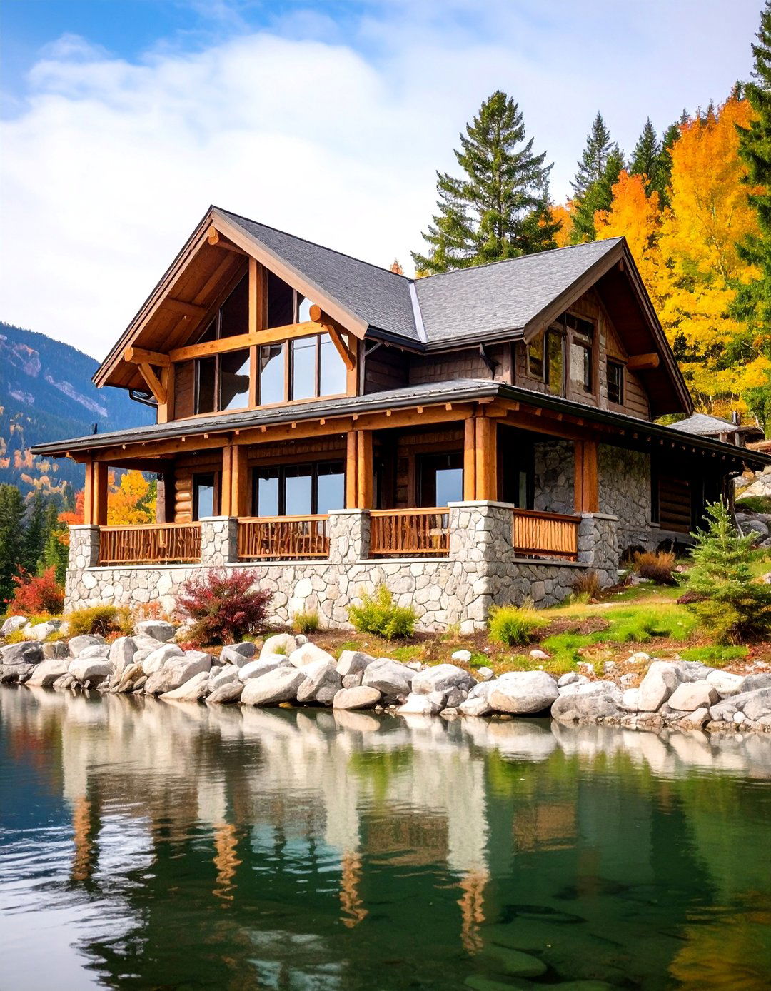 Light Grey House Rustic Lodge with Natural Wood Details - 20 Light Grey House With White Trim Design Ideas