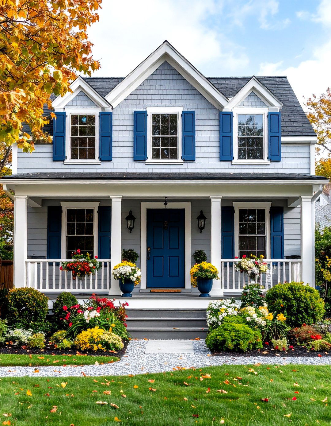 Light Grey House Traditional Colonial Mixed Siding Design - 20 Light Grey House With White Trim Design Ideas
