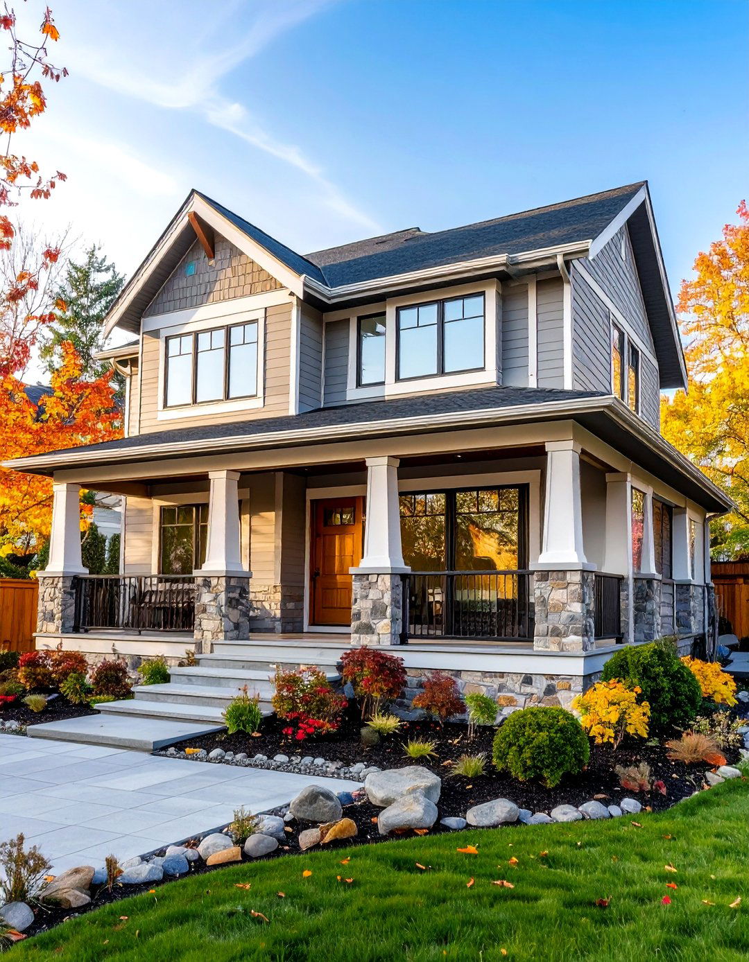 Light Grey House Transitional Style with Mixed Materials - 20 Light Grey House With White Trim Design Ideas