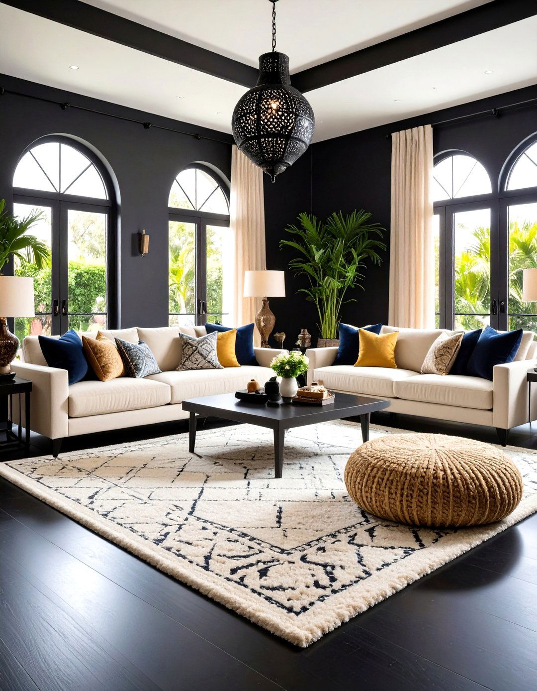 Light Rugs to Brighten the Ground Plane - 20 Black Floor Living Room Ideas
