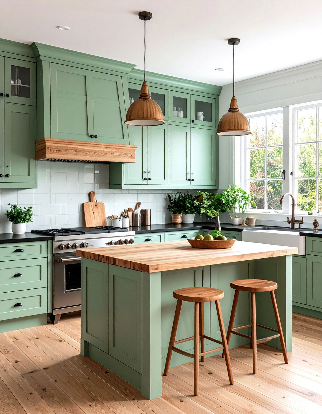 Light Sage Frames and Butcher Block Island - 20 Green Kitchen Cabinets With Black Countertops