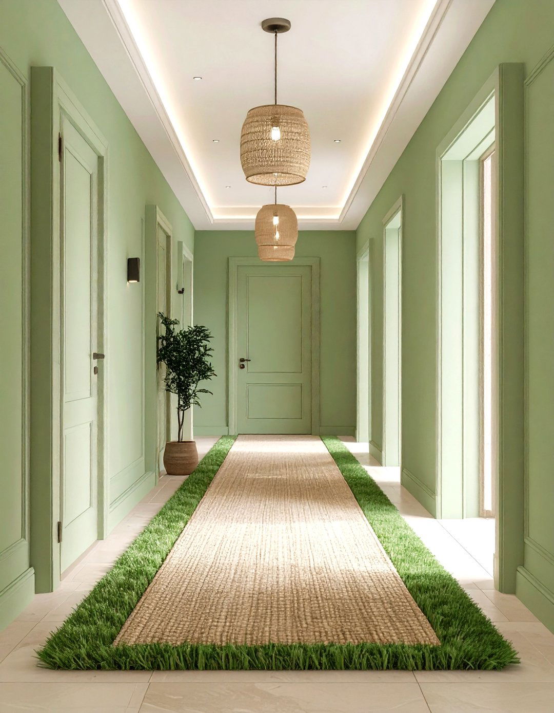 Light Sage Green Hallway for Visual Width - 20 Green Hallway Ideas