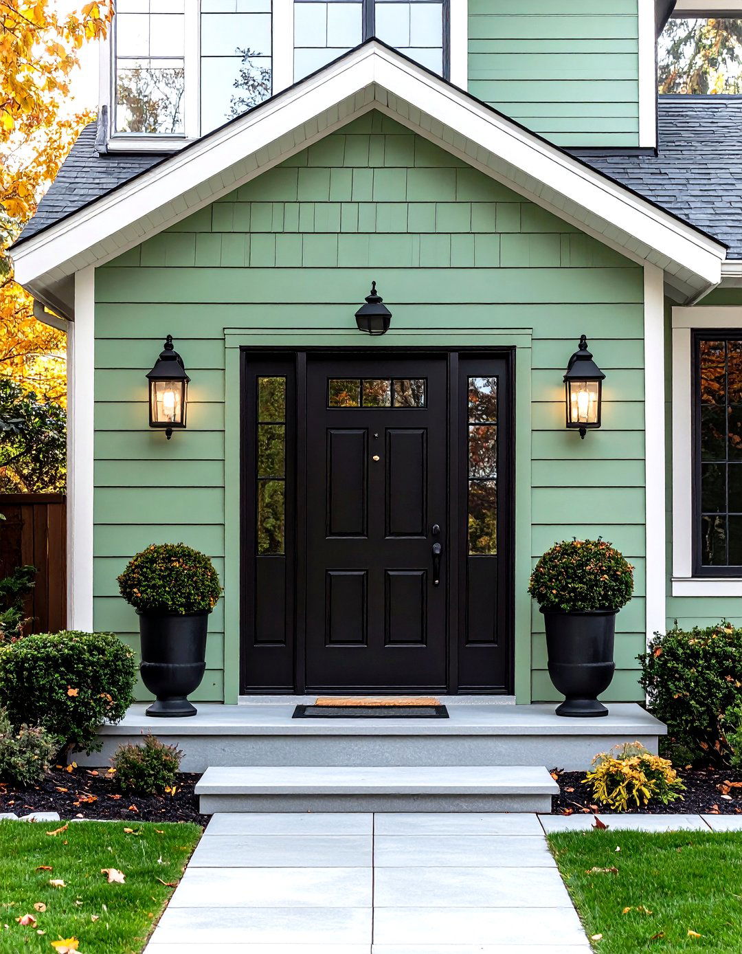 Light Sage Green With Statement Black Front Door - 20 Green House Exterior With Black Trim