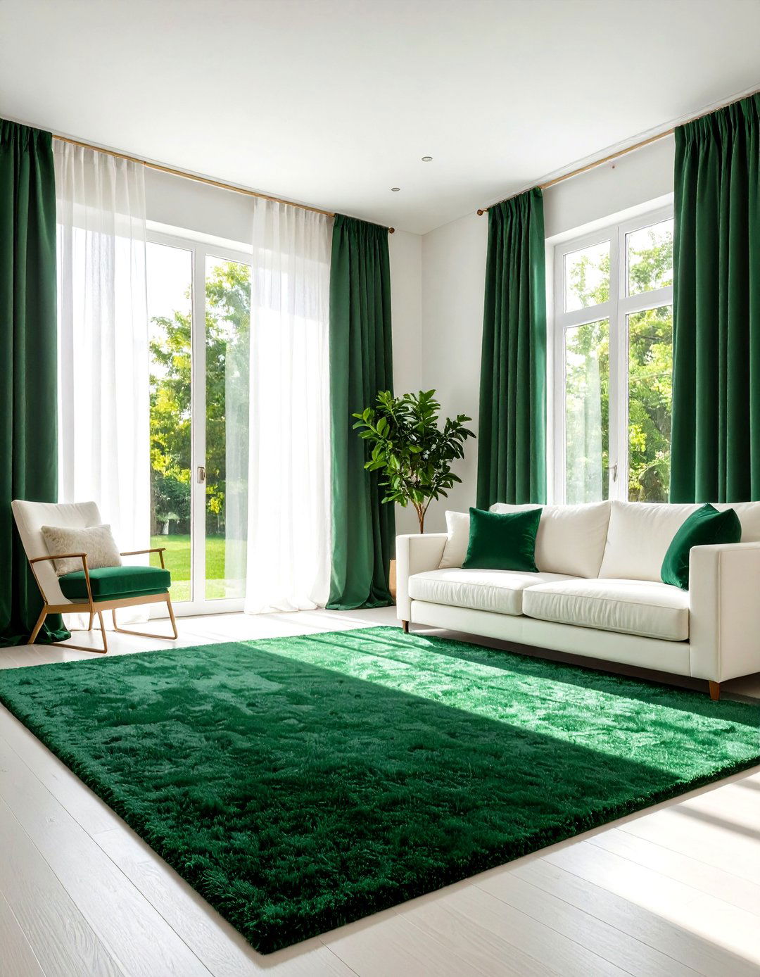 Light Walls Amplifying Emerald Green Carpet - 20 Green Carpet Living Room Ideas