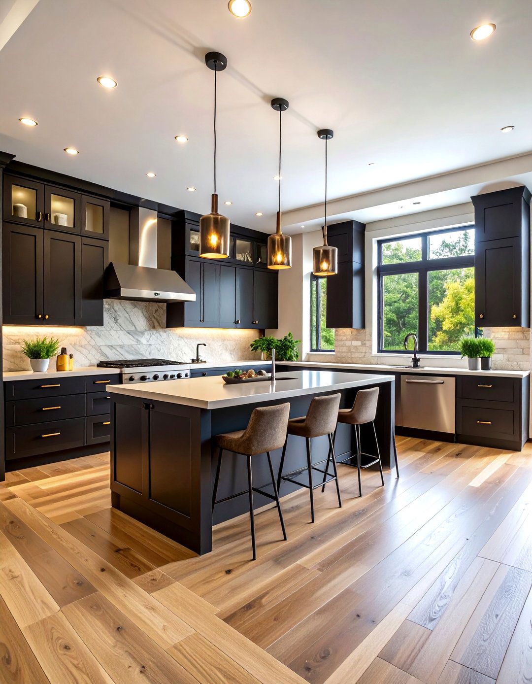 Light Wood Floor Contemporary Kitchen with Dark Contrasts - 20 Light Wood Floor Kitchen Ideas
