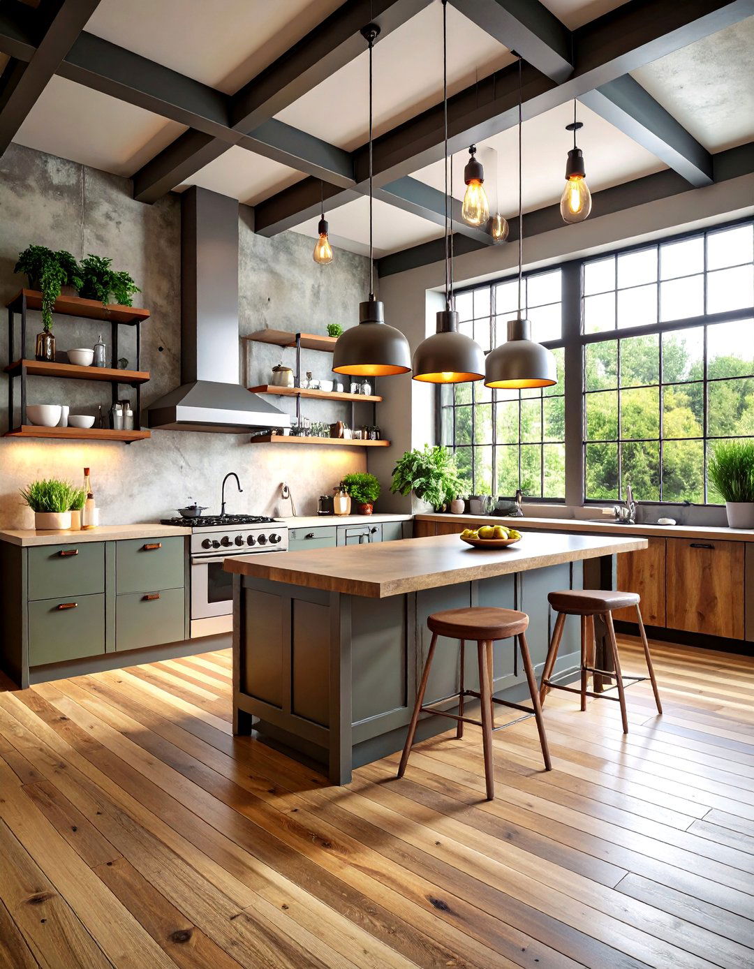 Light Wood Floor Industrial Kitchen with Metal Accents - 20 Light Wood Floor Kitchen Ideas