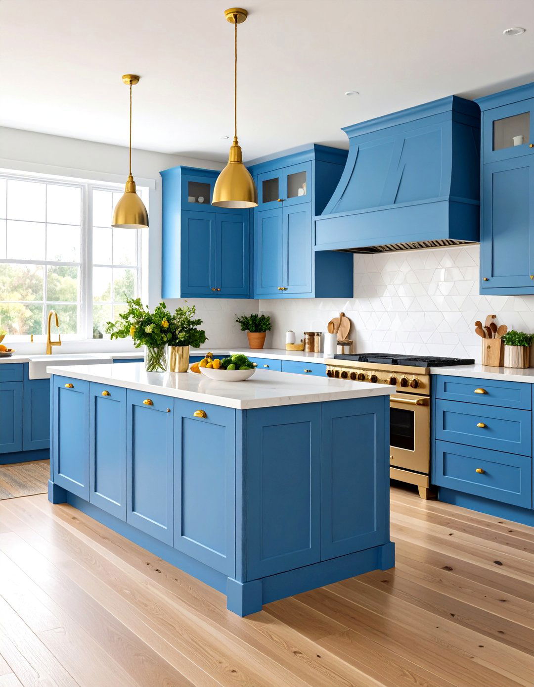 Light Wood Floor Kitchen with Bold Colorful Cabinets - 20 Light Wood Floor Kitchen Ideas