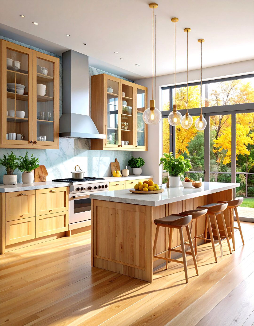 Light Wood Floor Kitchen with Glass Front Cabinets - 20 Light Wood Floor Kitchen Ideas