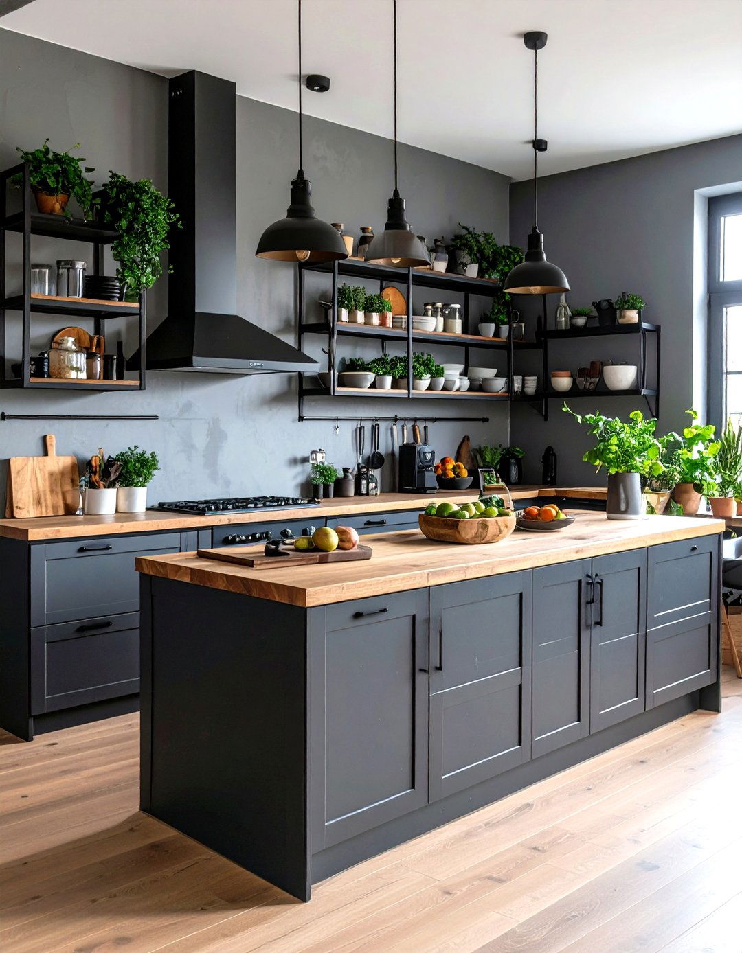 Lighten the Look With Black Open Shelving and Gray Walls - 20 Gray and Black Kitchen Ideas