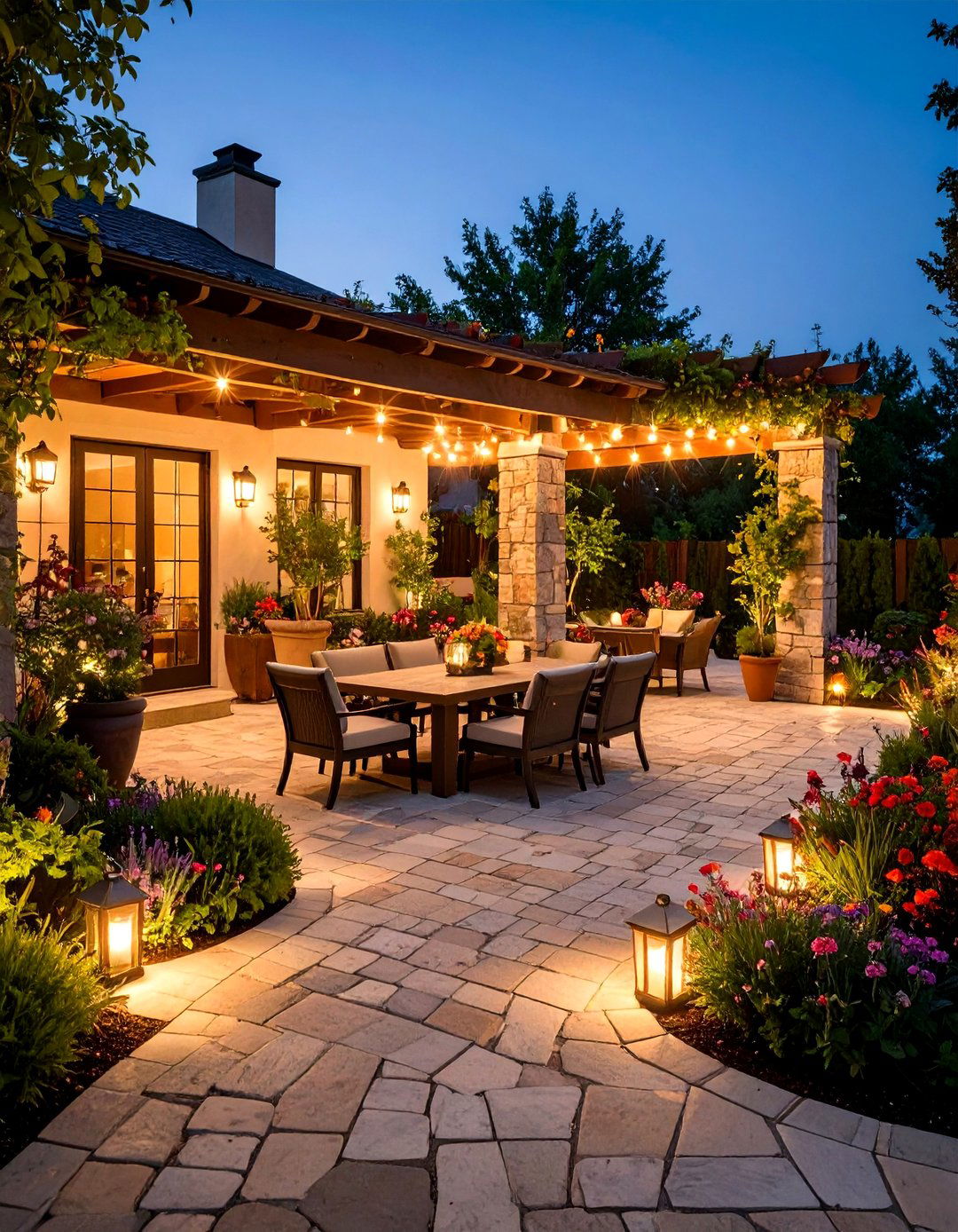 Lighting Enhanced Cobblestone Patio - 20 cobblestone patio ideas