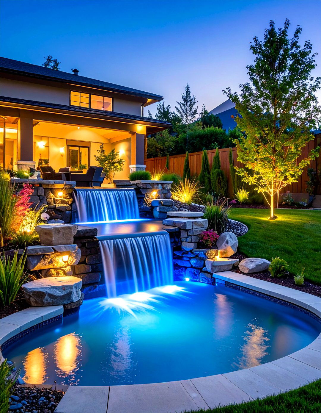 Lighting Enhanced Pondless Waterfall - 20 Pondless Waterfall Ideas