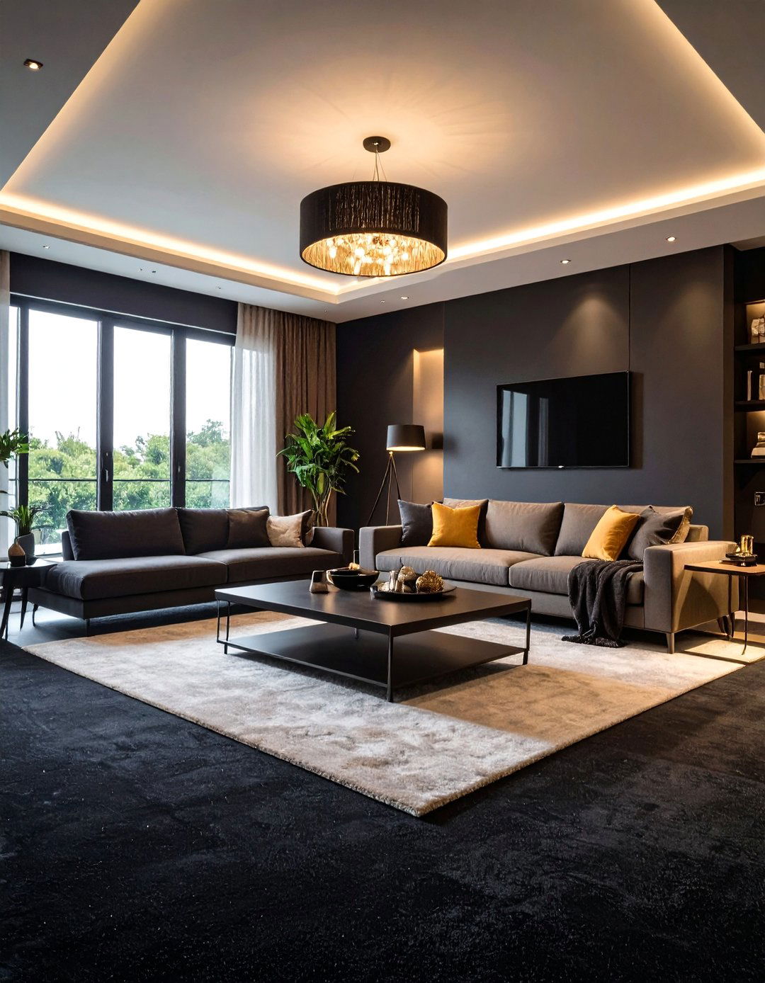 Lighting Layers That Transform Black Carpet - 20 Black Carpet Living Room Ideas